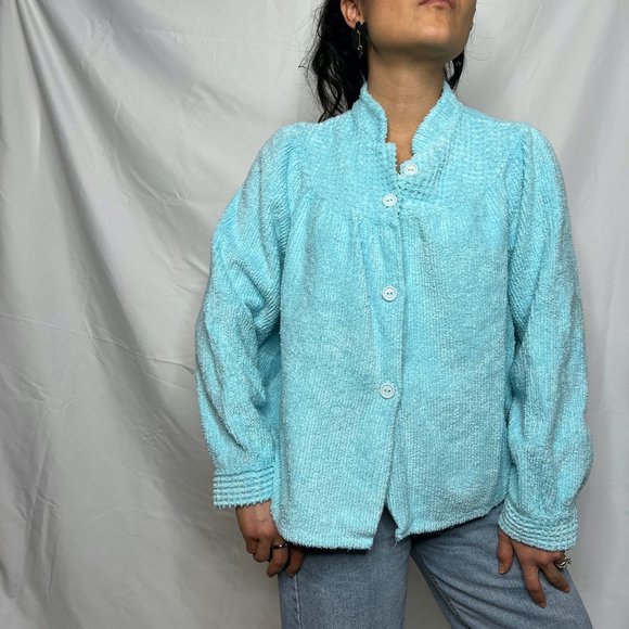 Vintage 1970s chenille bed jacket robe medium blue button down robe top romantic - Picture 7 of 9